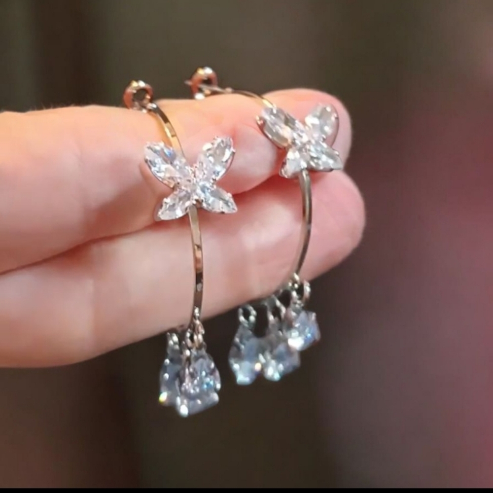 Elegant Silver Butterfly Hoop Earrings - Picture 5 of 8